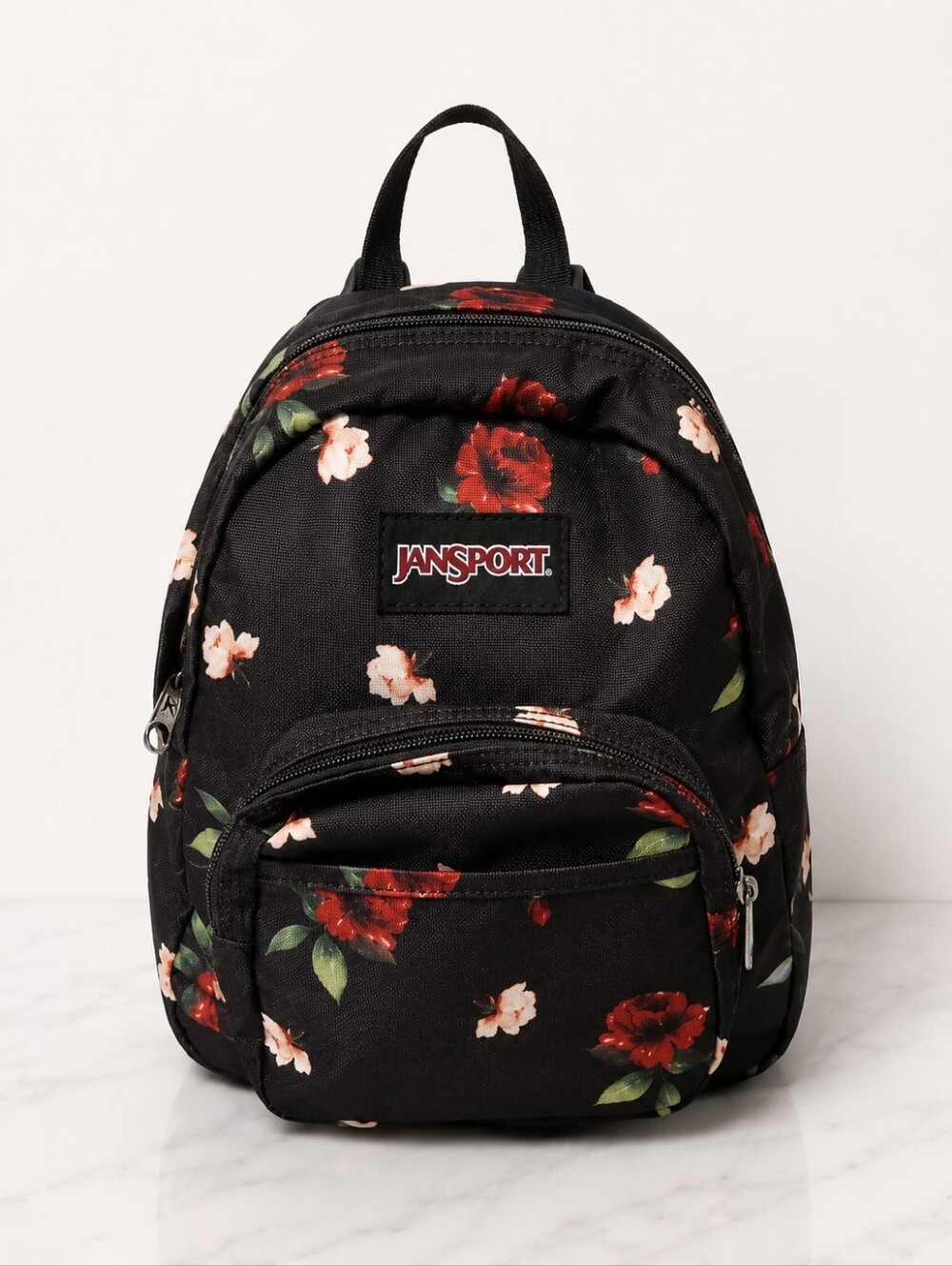 Jansport Black Mini Backpack with Red & Pink Floral Accents